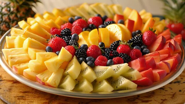 A colorful platter of tropical delights featuring juicy pineapple chunks succulent peach slices and sweet berries.