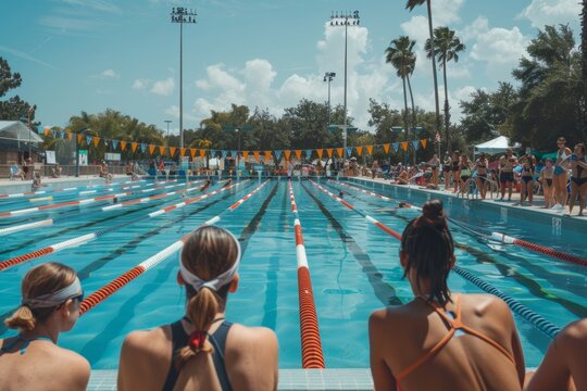 Athletes Preparing for a Competitive Swim Race Poolside Under Sunny Skies