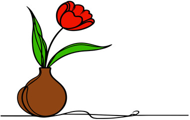 Vector red rose in a pot with two green leaves, tulips in vase