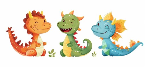 Fototapeta premium Colorful Cute Cartoon Dinosaurs Smiling