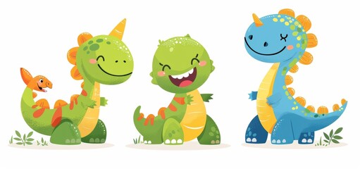 Naklejka premium Colorful Cute Cartoon Dinosaurs Smiling
