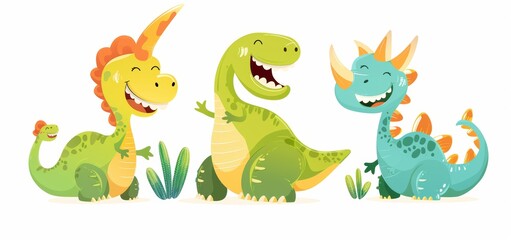 Fototapeta premium Colorful Cute Cartoon Dinosaurs Smiling
