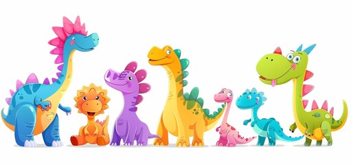 Colorful Cute Cartoon Dinosaurs Smiling