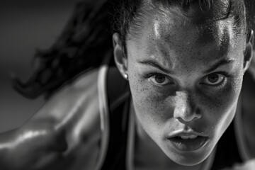Focused Female Athlete Preparing for Jump - Intense Concentration and Determination in Black and White