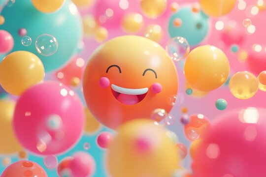 A colorful image of a smiling face surrounded by many other colorful spheres
