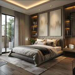 Modern Minimalist Style Bedroom Interior with Balcony