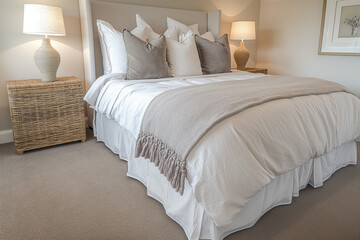 Bedroom interior with a large bed in gray and beige shades