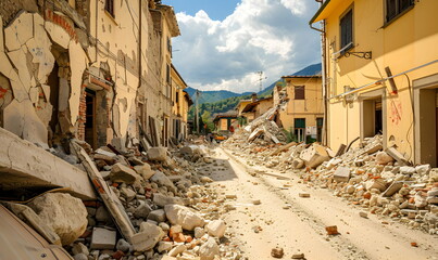 The consequences of the earthquake, destroyed buildings, streets littered with debris, devastation all around.