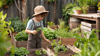 Kid in a garden experience and idea. preschool child helps to grow vegetables and plants in the garden. boy in brown overalls and a summer hat near the beds with lettuce leaves