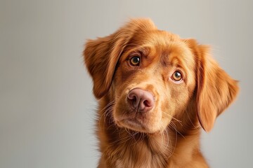 In a studio photo, a friendly golden retriever dog is captured pulling a funny face, radiating charm and playfulness. This portrait perfectly captures the lovable and humorous nature of the dog. 