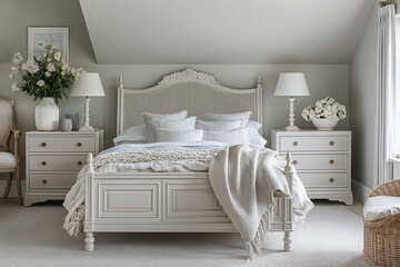 Bedroom interior with a large bed in gray and beige shades