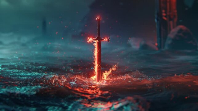 a magic sword stuck in very beautiful sea water. seamless looping time-lapse virtual 4k  video Animation Background.