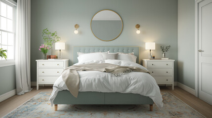 Bedroom interior with a large bed in gray-blue shades
rustic, modern, classic