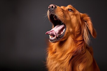 In a studio photo, a friendly golden retriever dog is captured pulling a funny face, radiating charm and playfulness. This portrait perfectly captures the lovable and humorous nature of the dog. 