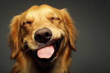 In a studio photo, a friendly golden retriever dog is captured pulling a funny face, radiating charm and playfulness. This portrait perfectly captures the lovable and humorous nature of the dog. 