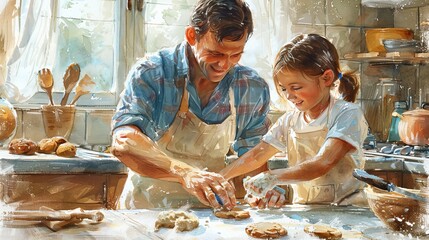 A sweet illustration of a father and his child baking cookies in a kitchen, with flour, cookie dough, and utensils around them, emphasizing fun and togetherness in everyday activities. Generative AI