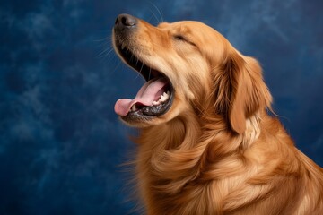 In a studio photo, a friendly golden retriever dog is captured pulling a funny face, radiating charm and playfulness. This portrait perfectly captures the lovable and humorous nature of the dog. 