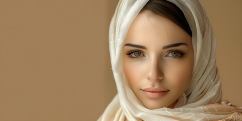 Fototapeta premium Fashionable model with a white headscarf ready for magazine covers and ads. Concept Fashion Editorial, Headscarf Styling, Model Posing, Magazine Cover, Advertising Campaign