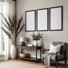 Three mockup frames in living room interior background, interior mockup design, frame mockup