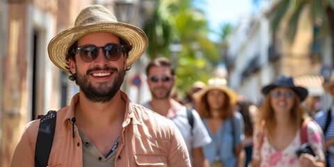 Tour guide leading tourists on a sightseeing tour. Concept Tourism, Sightseeing, Travel, Guide, Group