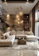Modern Stylish Living Room with Brick Walls and Ample Natural Light