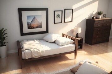 Simple bedroom design with natural light, showcasing a comfortable bed, framed artwork, and a soothing neutral color scheme