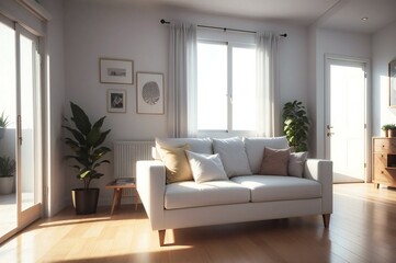 Cozy minimalist living room with a comfortable sofa, wooden floor, plants, and warm sunlight streaming in through the window