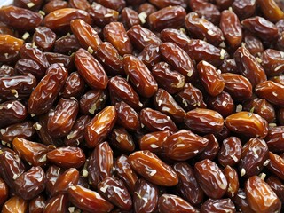 dates close up. date palm background. Date palm on a traditional craftsman market.Horizontal image.