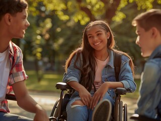 Obraz premium A girl in a wheelchair is smiling at two other people. Scene is happy and friendly