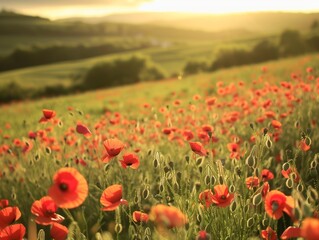 Obraz premium A field of red poppies with a bright sun shining on them