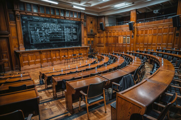 Classic wooden lecture hall with rows of empty seats and a chalkboard
