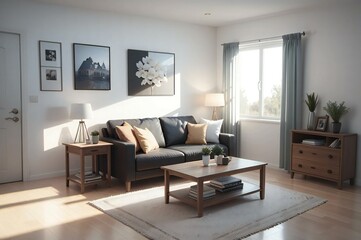 Fototapeta premium Spacious, well-lit living room featuring stylish furniture, art on walls, and large windows with flowing curtains in a contemporary home