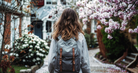 Back view of a young woman walking in a blooming suburban neighborhood