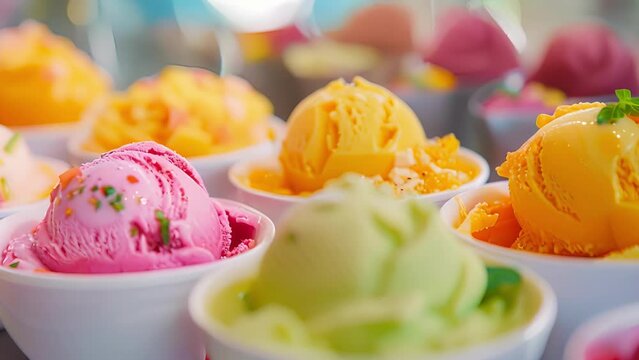 Bright and colorful sorbets in flavors like mango and passionfruit are meticulously scooped into chilled dessert bowls by a team of pastry creators.