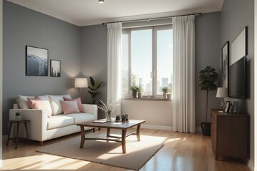 Fototapeta premium Contemporary living room flooded with natural light, showcasing chic furniture, decor accents, and a serene cityscape view from the window