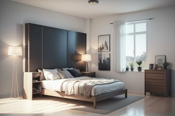 Modern bedroom flooded with morning sunlight showcasing a chic bed, closet, and sophisticated decor, emanating a serene and inviting vibe