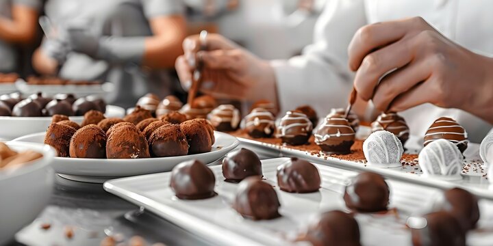 Participants decorating chocolate truffles in a workshop. Concept Chocolate Truffles, Workshop, Decorating, Participating, Delicious