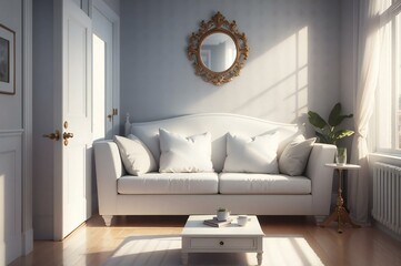 Beautifully sunlit living room with a cozy white sofa, elaborate mirror, and serene, minimalist decor