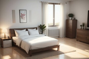 Cozy, modern bedroom bathed in warm sunrise light, featuring a neatly made bed, wooden furniture, and tasteful wall art
