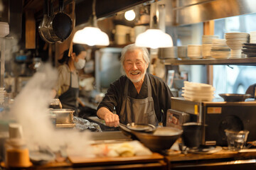 Asian Japanese senior man cook traditional Japanese ramen street food