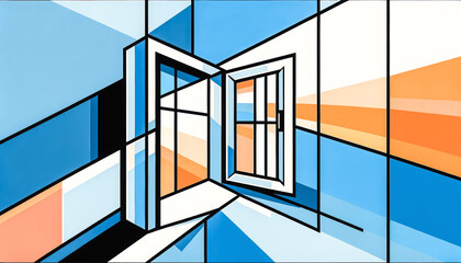 An open window with clean lines and vibrant shades of blue, orange, and white, creating a dynamic and modern visual effect.