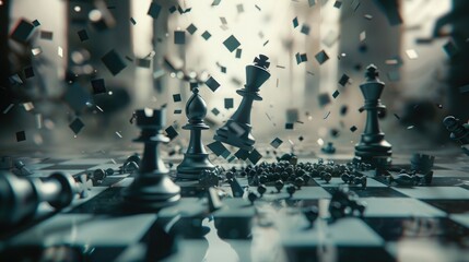 A chessboard with pieces in disarray, representing the complexity of decision-making.
