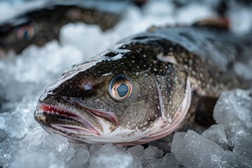 Close up of freshly Atlantic cods caught and placed on ice at supermarket
