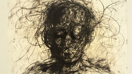 A drawing of a face with messy hair and a dark expression. The drawing is black and white and he is a portrait. Scene is somber and introspective