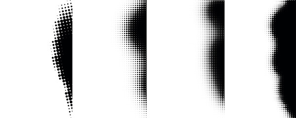 Set of halftone gradient wave patterns. Wavy backgrounds. Half tone curve textures. Gradient dots patterns.