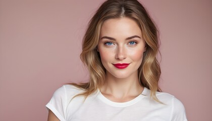 Beautiful smiling woman with dark blonde hair, blue eyes, and red lips wearing a white t-shirt on a pink background with copy space