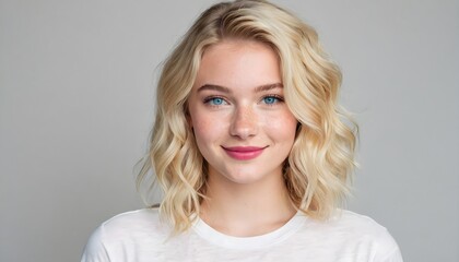 Fototapeta premium Portrait of a beautiful young smiling woman with waby blond hair, light freckles, wearing white T-shirt on gray background