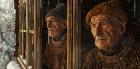 Naklejka premium A group of lonely old men stood at a window looking out into the open air