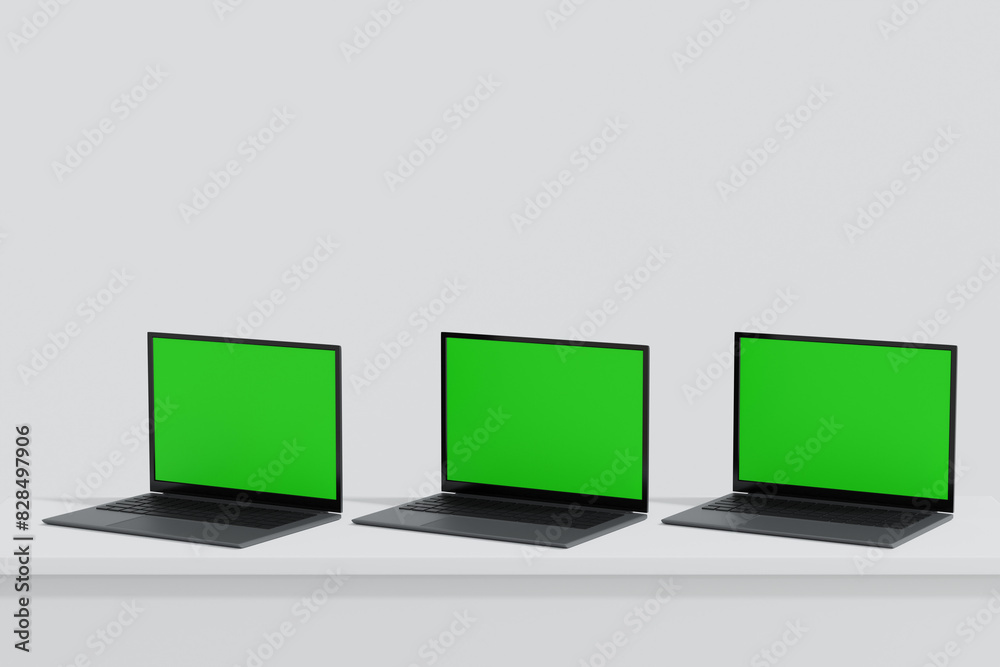 Canvas Prints three laptop open to show green screen display on white background, application website present, 3d 