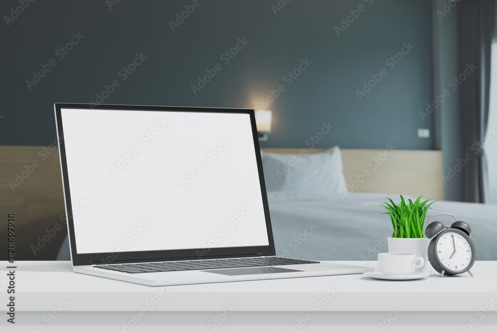 Wall mural laptop open to show green screen close up display in bedroom, application website present, 3d render